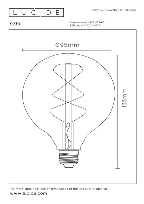 Lucide G95 - Glühfadenlampe - Ø 9,5 cm - LED Dim. - E27 - 1x4,9W 2700K - Transparent - technisch